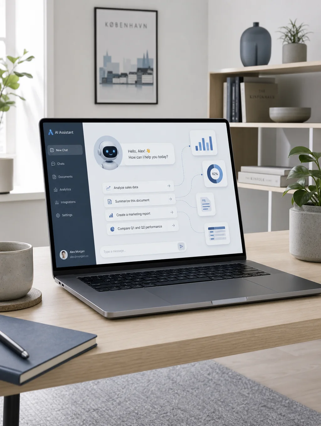A clean, modern workspace with a digital blueprint of AI tools